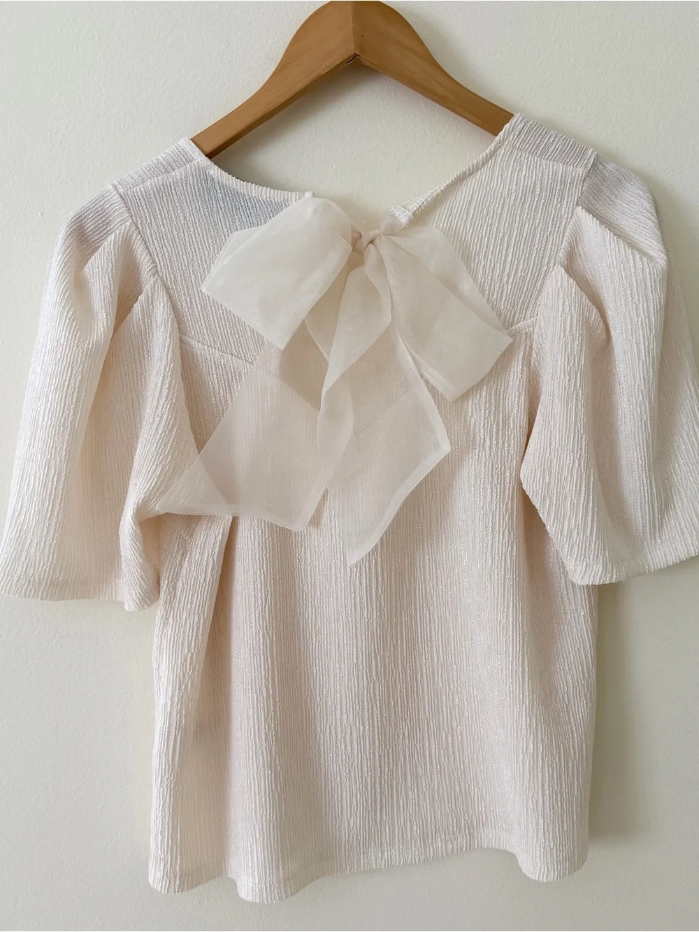 Like New Anthropologie Cream Textured Square-Neck Puff Sleeve Top